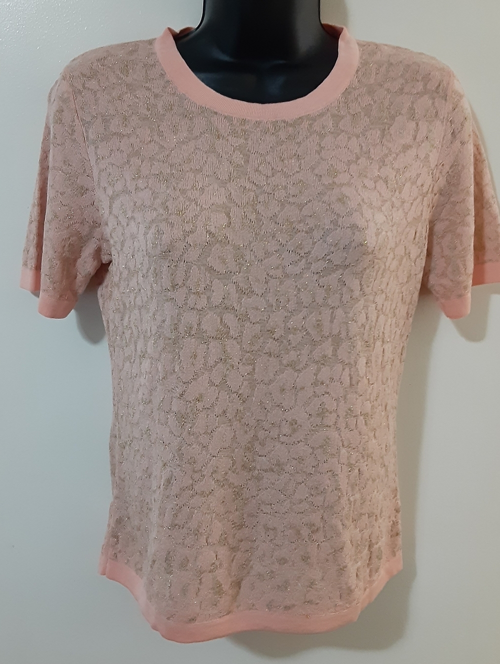 Pink Short-Sleeve Metallic Lace Knit Top - Women